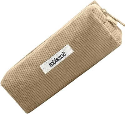 Ribbenstof Pennenzak voor Meisjes en Tieners, Praktische Rits, Pennenhouder, Ideaal voor School, Kantoor en Reizen, Roze (Beige)