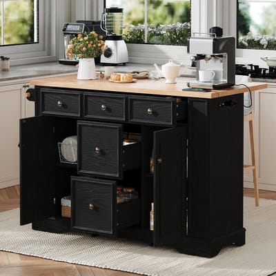 Keuken Eiland - Werktafel Uitschuifbaar - Koken en Bakken - Met Ingebouwde Stopcontacten - 130.5 cm - Zwart