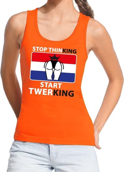 Stop thinking start twerking tanktop / mouwloos shirt oranje dames - Koningsdag kleding S
