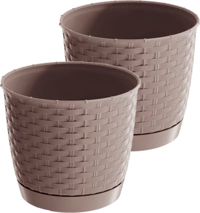 2x stuks ronde gevlochten plantenpotten/bloempotten kunststof dia 14.5 cm en hoogte 12.5 cm in het taupe