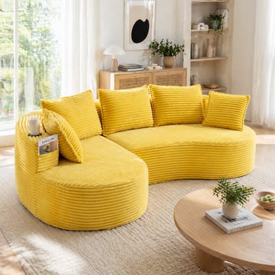 3-Zitsbank, L-Bank, Zachte, Ademende Corduroy Bank met Bekerhouder en Opbergvak, Hoogwaardig Schuim voor Comfortabel Zitten, Inclusief Kussens – Samengeperst en Klaar voor Gebruik, Perfect voor Elke Woonkamer-Geel
