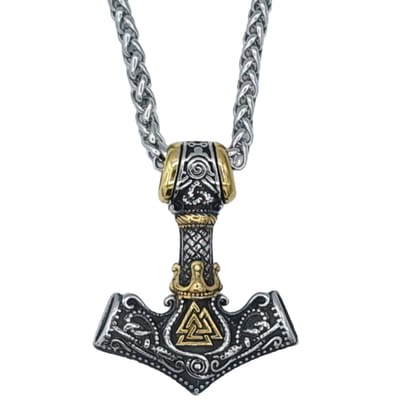 Tesoro Mio Michel – Viking Ketting - Hamer Met Valknut & Kroon - Edelstaal in Zilver & Goud - L 60 cm, B 4 mm - Hanger 4.4 x 3.5 cm