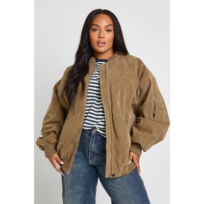 boohoo Dames Plus Vintage Suede Look Oversized Bomberjack | Taupe | Maat: 44