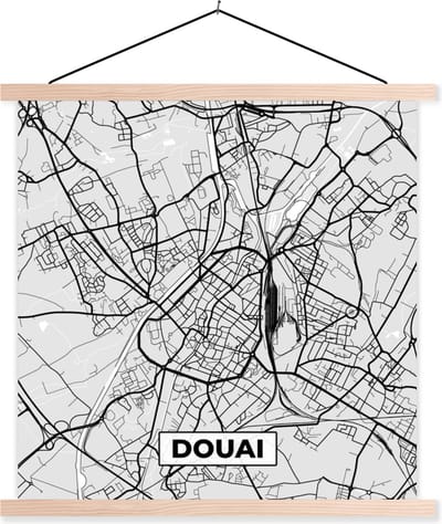 Posterhanger incl. Poster 40x40 cm - Schoolplaat - Kaart - Stadskaart - Douai - Plattegrond - Frankrijk - Textielposter - Blanke latten - Stadskaart