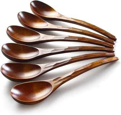 Orivio - Houten Soeplepels 6 Stuks Voor Kinderen, Keuken en Restaurant - Japanse Ramenlepels - Nanmu Hout - Lange Steel - Rijst Dessert Koken - Proeverij Eettafel Lepel