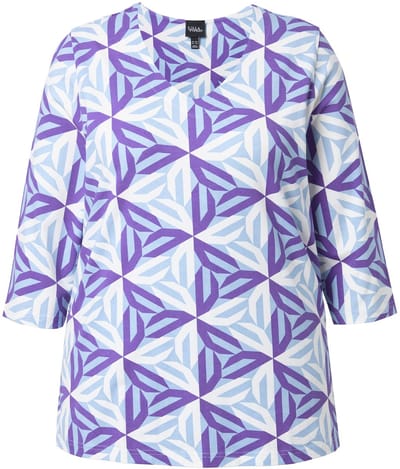 Ulla Popken - Dames - Shirt grafische print Classic V-hals 3/4-mouwen - Lichtblauw - Maat 50+