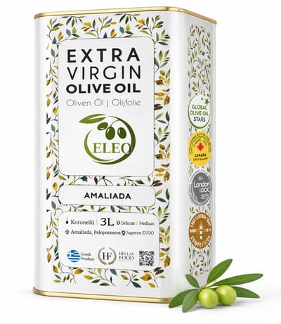 ELEO Olijfolie 3 liter Extra Vierge Amaliada – Zuurgraad <0,5% – 100% Koroneiki – Eerste Koude Persing – Delicaat & Rijk aan Antioxidanten – Internationale Medaille Winnaar