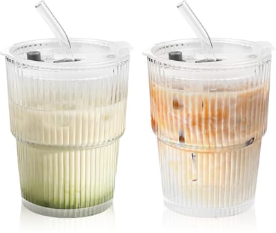 Dailygoods- Glazen Bekers 400 ml - Glazen Smoothiebeker met Deksel - Luchtdicht - Waterdicht Design - Rietje - 2 Stuks