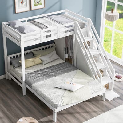 Sweiko Kinderbed,Stapelbed met Garderobe, 90x200cm+140x200cm,Multifunctionele Wieg,Bergtrap,Grote bergruimte, geen matras, massief hout+medium density vezelplaat,Wit