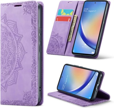 Casemania Hoesje Geschikt voor Samsung Galaxy A14 Bright Lila - Mandala Dunne Portemonnee Book Case - Slim Wallet Case met Pasjeshouder