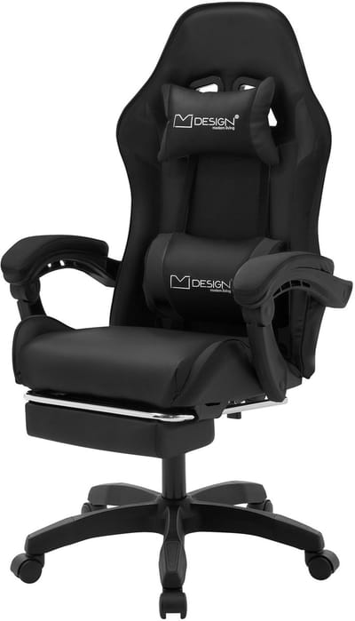 Gaming stoel met voetsteun en armleuning zwart, gemaakt van kunstleer ML design