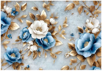 WALLARENA - Fotobehang - 150x105 cm - bloemen in blauw en goud glamour voor slaapkamer en woonkamer