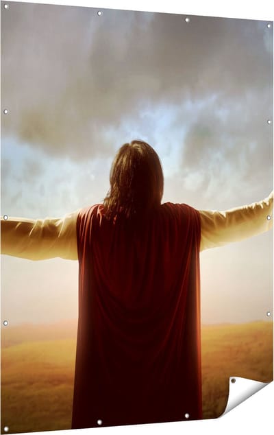 Gards Tuinposter Jezus Christus aan het Bidden bij Zonsopgang - 120x160 cm - Tuindoek - Tuindecoratie - Wanddecoratie buiten - Tuinschilderij