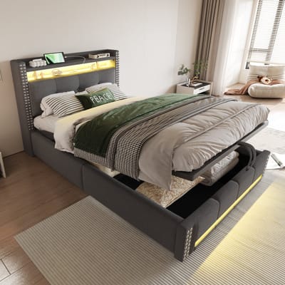 Wishdor Gestoffeerd Eenpersoonsbed met Ledverlichting en Opbergruimte – Grijs – 90x200 cm