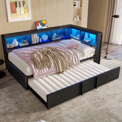 Sweiko Slaapbank - 90 x 200 cm - Met uitschuifbaar bed - Opbergruimte - LED-verlichting - USB-poorten - Zwart