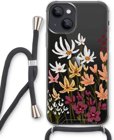 Case Company® - Hoesje met koord geschikt voor iPhone 13 mini hoesje met Koord - Painted wildflowers - Telefoonhoesje met Zwart Koord - Bescherming aan alle Kanten en Over de Schermrand