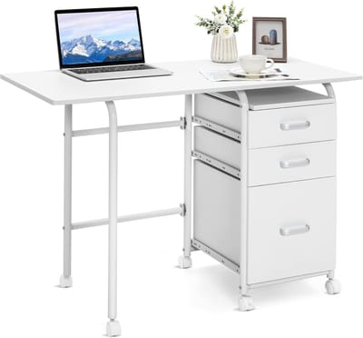 Inklapbare computertafel met 3 laden en wieltjes - Ruimtebesparend bureau voor kleine ruimtes (105 x 50 x 75 cm, wit)