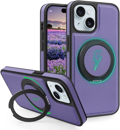 Perfeqt hoesje geschikt voor iPhone 15 leren BackCover met 360° Kickstand & Keyring houder - Soft Lavender