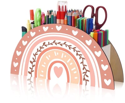 pennenhouder voor kinderen, regenboog, bureau-organizer, houten organizer, tafelorganizer, regenboog (roze hart)