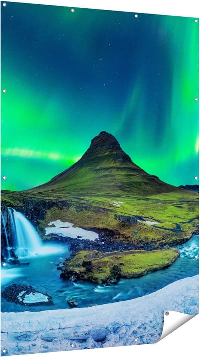 Gards Tuinposter Noorderlicht bij de Watervallen in IJsland - 120x180 cm - Tuindoek - Tuindecoratie - Wanddecoratie buiten - Tuinschilderij