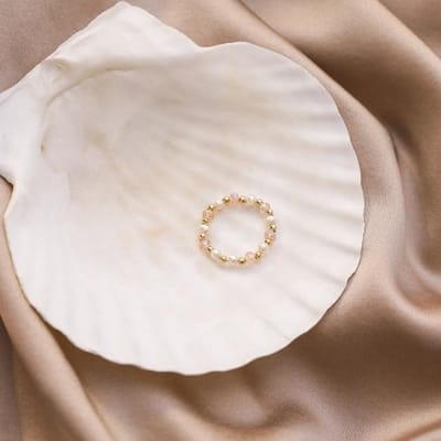 Kpop Schattige Multi Kralen Imitatie Parel Kleurrijke Kristal Verstelbare Touwketting Ringen Voor Vrouwen Continue Cirkel Minimalistische Ring beige