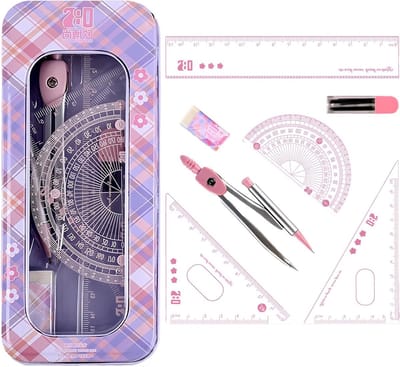 Complete 8-delige wiskundeset met doorzichtige etui, passer en geodriehoek voor studenten, onderwijs en tekenen van geometrische figuren, perfect voor kinderen en als cadeau