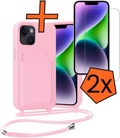 Hoesje Geschikt voor iPhone 13 Hoesje Met Telefoonketting Pasjeshouder Case Met 2x Screenprotector Koord - Hoesje Geschikt voor iPhone 13 Hoes Met Kaarthouder - Lichtroze