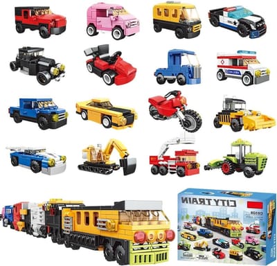 16-in-1 Bouwset met Blokken, Creatieve Constructie Kits, Politiewagen en Bouwvoertuigen voor Kinderen, Geschikt voor 16+, Perfecte Kerstcadeaus voor Jongens en Meisjes