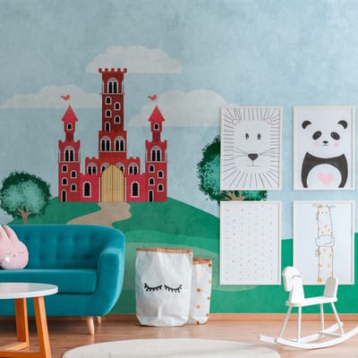 Fotobehang Profhome 382991-GU vliesbehang hardvinyl warmdruk in reliëf glad met kinder patroon mat blauw rood groen wit 3,71 m x 2,8 m