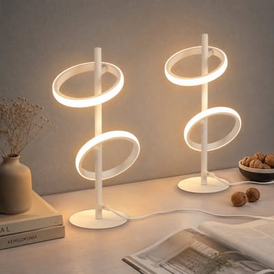 Glitzerlife - Tafellamp Tafellampen - 2 Stuks LED tafellamp ringvorm - draaibare afneembare ringen bedlamp - warmwit leeslamp slaapkamer woonkamer - metaal aluminium - Ø39 cm - Wit