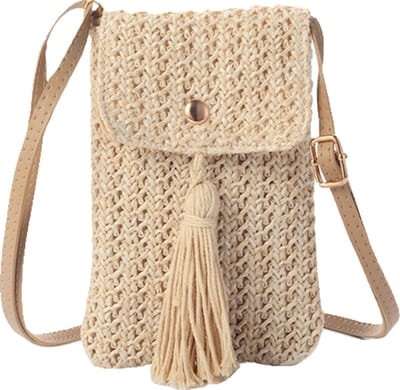 Tassle Telefoon Tasje - Crème | 18 x 12 cm | Stro / Rotan - Polyester | Fashion Favorite