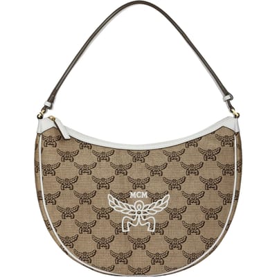 MCM Himmel Lauretos Logo Geborduurd Messing Beslag Jacquard Stof Hobo Schoudertas Medium Beige Dames tassen MWHFSAC03IN001 Basic Set (Bag+Dust Bag) gray