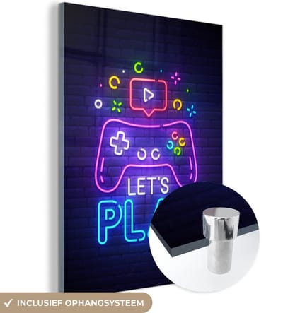 MuchoWow® Glasschilderij 120x160 cm - Schilderij acrylglas - Gaming - Neon - Let's Play - Controller - Quotes - Foto op glas - Schilderijen