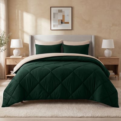 Sleep Comfy - Reverse Dekbed - 140x200 cm - Donkergroen & Sand - met 1 Kussensloop 60x70 cm- Dekbed zonder overtrek - Ademend & Anti Allergie - Hoesloos Dekbed - Stijl, Comfort en Innovatie voor Elke Dag & Nacht - Camping & In de Caravan