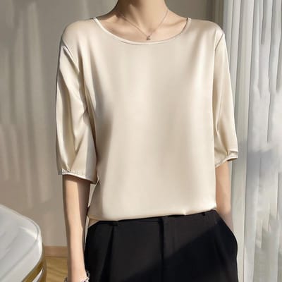 Acetaat Satijn Ronde Hals Korte Mouw T-shirt voor Dames In Zomer Nieuw Los en Veelzijdig Vijfpunts Mouwen Koel Effen Kleur T-shirt Top XL white