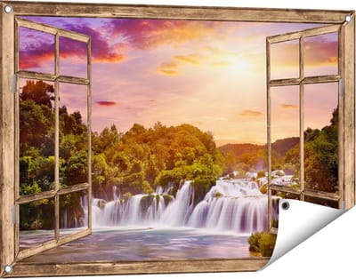 Gards Tuinposter Doorkijk Watervallen in het Bos - 90x60 cm - Tuindoek - Tuindecoratie - Wanddecoratie buiten - Tuinschilderij