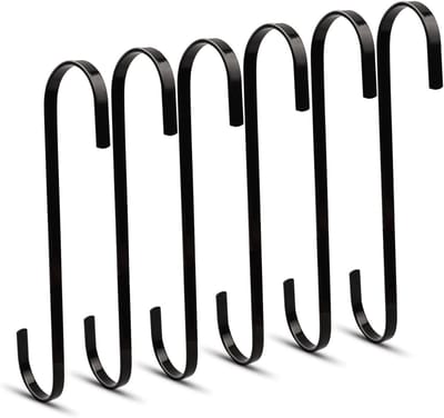 Set van 6 Zwarte S-Haakjes van 200 mm voor het Ophangen van Potten, Pannen, Planten en Kleding in Keuken en Slaapkamer