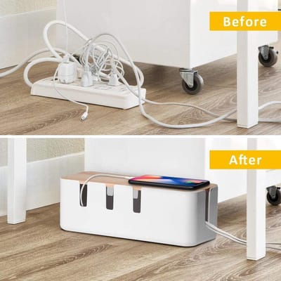 Kabelmanagementbox 305 x 127 x 114 cm met houten deksel - Snoerorganizer voor bureau tv computer - USB-hub-systeem - Verberg en bedek stekkerdozen en kabels Kabel organiser