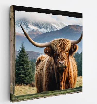 Saammp Canvas Schilderij - Schotse hooglander Koe - Doorkijk - Dieren - 20x20 - Foto op canvas - Wanddecoratie - Muurdecoratie Woonkamer - Slaapkamer decoratie - Canvas Print