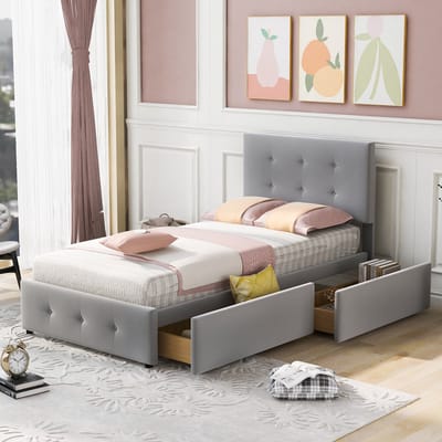 Gestoffeerd eenpersoonsbed met verstelbaar hoofdeinde en 2 lades - Voor tiener-, kinder- en logeerkamer 90x200 cm - Grijs fluweel - Inclusief lattenbodem - 200 kg draagvermogen