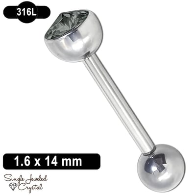 Tongpiercing - 1.6 x 14 mm - 316L Chirurgisch Staal - Barbell - Cone Kristal - Grijs