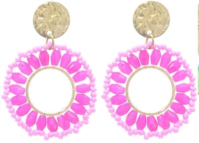 Oorbellen - Oorhangers - RVS - Roestvrij Staal - Statement Oorbellen- Kralen - Roze - Fuchsia - 4cm - Goudkleurig