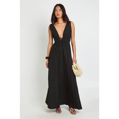 boohoo Dames Maxi Skater Jurk Met Diepe V-hals En Strikdetail Vooraan | Zwart | Maat: 36