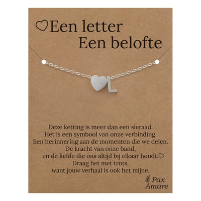 Letter L Armband op Cadeau Kaartje - Een letter, een belofte - 15,5cm + 5,5cm verstelbaar Zilverkleurig Stainless Steel - Initiaal & Hartje Hanger - Pax Amare