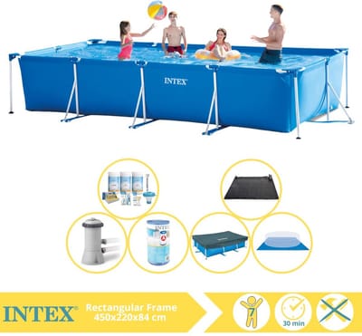 Intex Rechthoekig Frame Zwembad - 450 x 220 x 84 cm - Blauw - Inclusief Afdekzeil - Onderhoudspakket - Zwembadfilterpomp - Filter - Grondzeil - Solar Mat - 7-delig