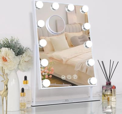 Make-up Spiegel met Verlichting en Dimbare LED Lampen - 360° Draaibaar met 10x Vergroting en 3 Lichtkleuren - 30x41 cm