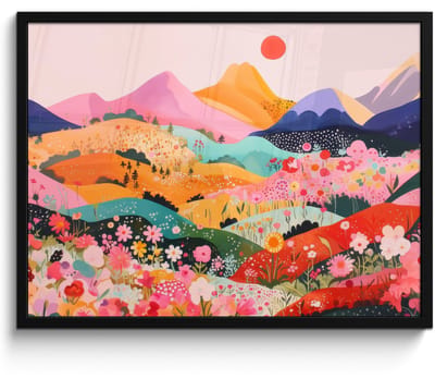 Poster in lijst - Fotolijst 80x60 cm - Posters - Kleurrijke bloemen - Bergen - Fantasielandschap - Posterlijst zwart - Decoratie - Wanddecoratie woonkamer - Muurdecoratie slaapkamer