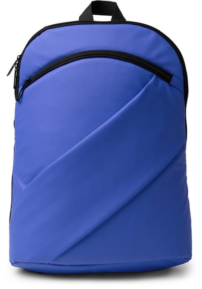 Blauwe PU leren rugzak Laptopvak 15" Twee voorvakken en trolleyband. Model Liam
