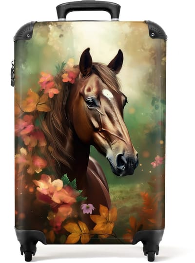 NoBoringSuitcases.com - Kinderkoffer - Paard - Bloemen - Natuur - Dieren - Bos - Oranje - Past binnen 55x40x20 cm en 55x35x25 cm - Handbagage - Trolley op wieltjes - Reiskoffer met wielen - Rolkoffer - Kindertrolley meisje - Koffer kinderen