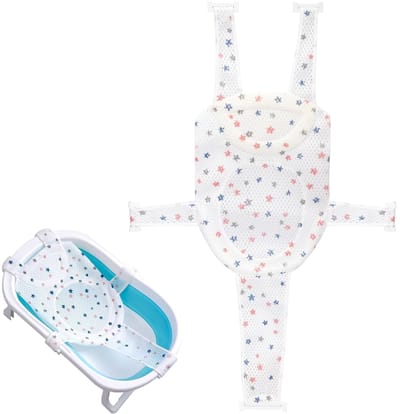 Daity Badmat – Badzitje met steunkussen – Verstelbaar, comfortabel, antislip driepunts babybadkussen van mesh – Geschikt voor baby's vanaf 6 maanden (exclusief badkuip).